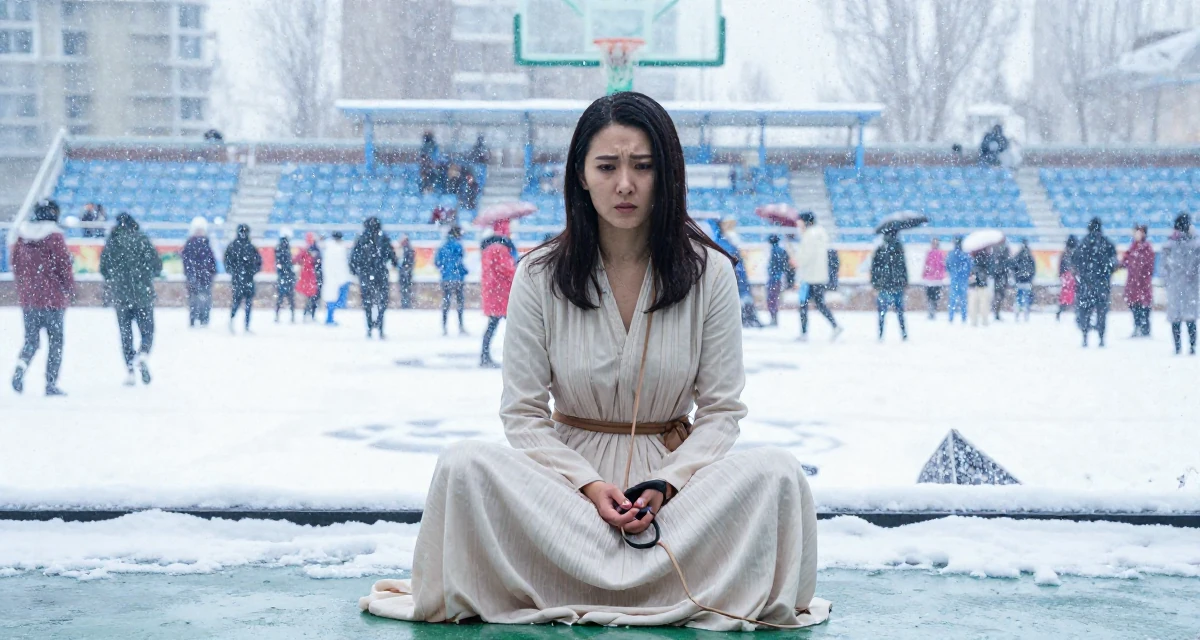 A troubled Female From Mongolia, majored in history and culture in their 34, redefining what success means personally, wearing a flowing maxi skirt and top, holding a leash in a basketball court.