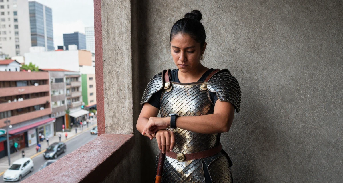 A grounded Female From Mexico, majored in global trade in their 23, learning to express sensuality without crossing personal limits, wearing a dragon scale armor texture with metallic sheen, glancing at a wristwatch in a opera house balcony.