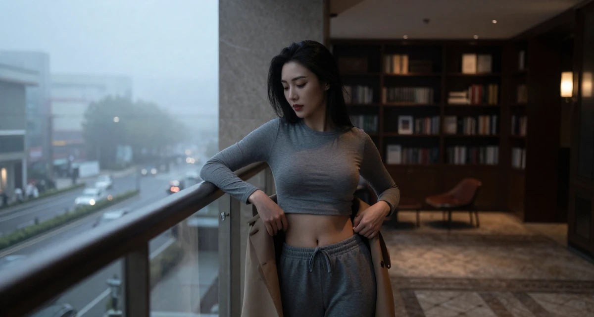 A bewitching Female From Chinese-speaking regions, studied mechanical design in their 30, feeling established and financially stable, wearing a tight long-sleeve crop top and jogger pants, unbuttoning a coat in a luxury hotel lobby.