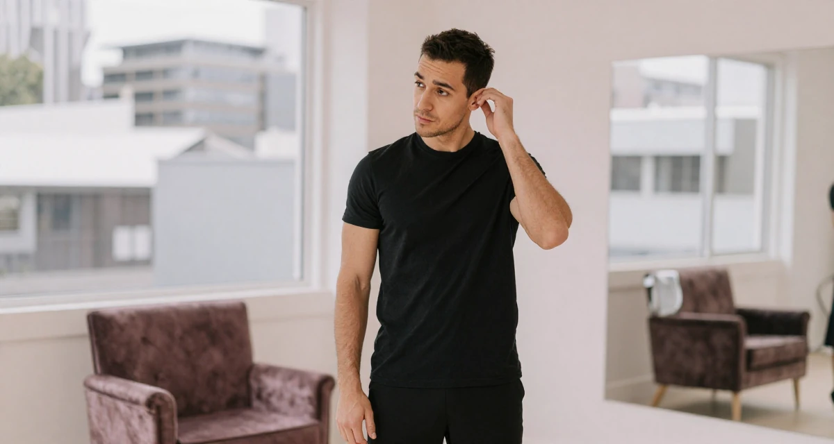 A composed male From Wellington New Zealand, studied creative writing and visual narrative in their 24, worried about the future of the economy, wearing a monochromatic black outfit, tucking hair behind an ear in a yoga studio.