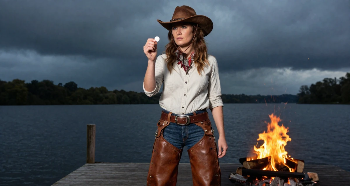 A introspective Female From UK, has a background in english literature and theatre in their 31, navigating the balance between career and new motherhood, wearing a wild west cowgirl outfit with chaps and a hat, flipping a coin in a serene lakeside dock.