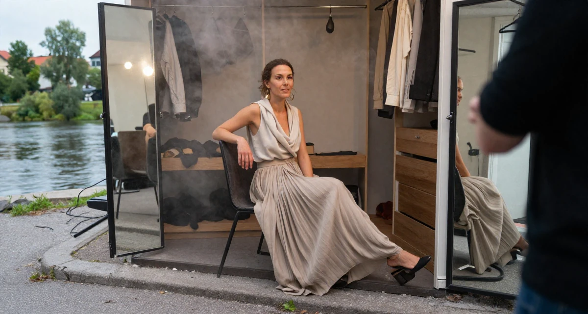 A sincere Female From Stockholm Sweden, studied minimalist aesthetics and body symmetry in their 36, sharing the ups and downs of entrepreneurship, wearing a flowing maxi skirt and top, stepping onto a curb in a walk-in wardrobe.