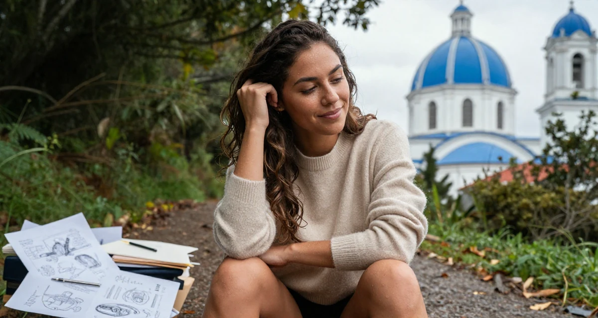 A satisfied Female From Ecuador, studied system engineering in their 22, managing new financial responsibilities, wearing a soft cashmere sweater look, tucking hair behind an ear in a forest path.