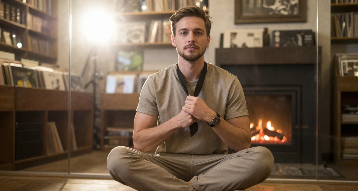 A calm and confident male From Germany, based in Hamburg, graduated from a design academy majoring in interaction design in their 26, taking night classes, wearing a muted earth-tone clothing set, gripping a lapel in a vintage record store.