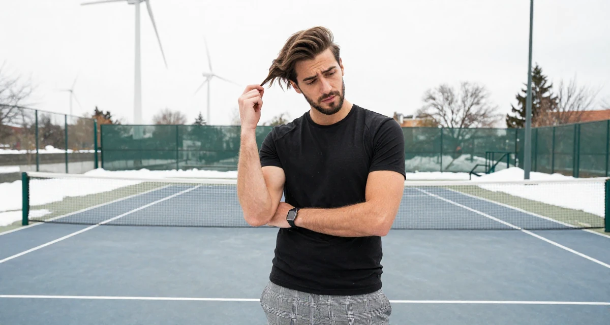 A emotional male From Barcelona Spain, trained in creative directing for personal content in their 27, experimenting with new content formats, wearing a grey plaid trousers and a fitted black tee, crossing arms confidently in a tennis court.