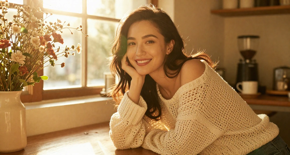 A warm and welcoming Female Former volunteer teacher, now crafting empowering creator narratives in their 24, building a sensual brand with consistency, wearing a loose open-knit sweater showing skin underneath, resting a chin on a hand in a home interior.