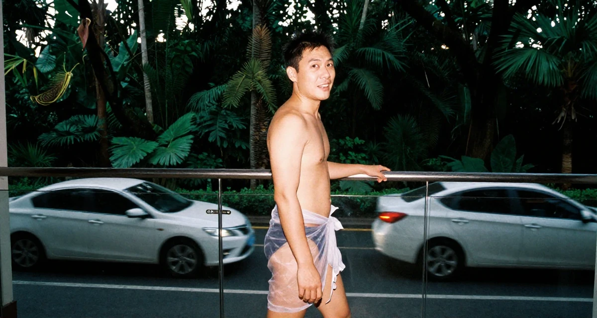 A witty male From China, majored in journalism in their 30, rebuilding self-worth beyond content performance, wearing a sheer sarong skirt over a swimsuit, holding a railing in a hotel lobby.