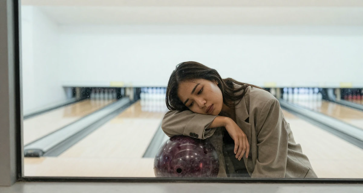 A zoned out Female From Kuala Lumpur Malaysia, self-taught content creator specializing in color grading in their 28, facing creator fatigue while pretending to thrive, wearing a oversized blazer draped over the shoulders, shivering slightly in a bowling alley.