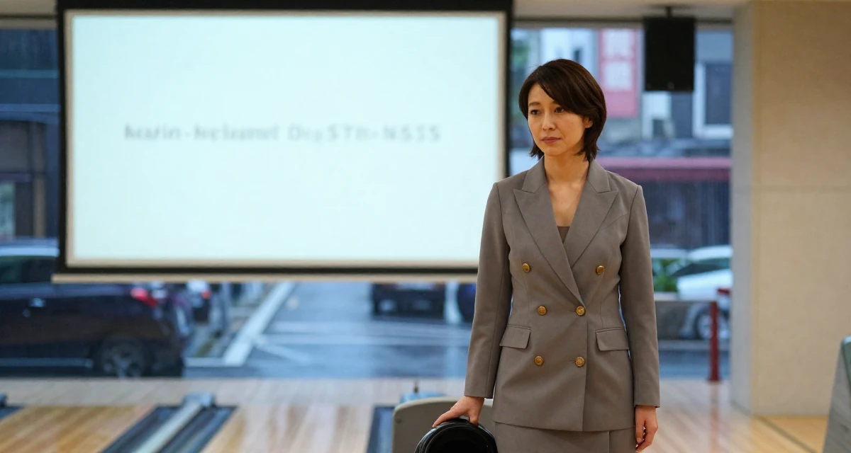 A calm and confident Female From Japan, majored in information systems in their 39, recently moved to a new city, wearing a double-breasted blazer dress with gold buttons, holding a helmet in a bowling alley.