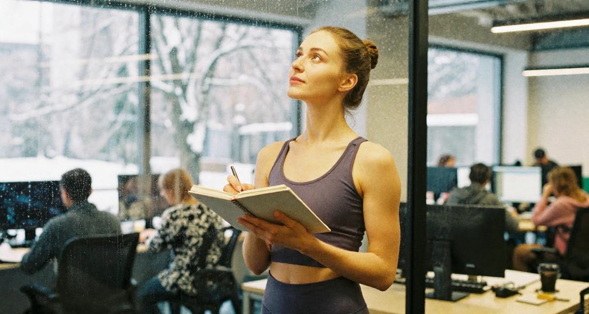 A relaxed and observant Female From Russia, trained as a classical ballerina in their 36, focusing on mental health and mindfulness, wearing a gym shark style seamless leggings and matching crop top, writing in a notebook in a busy coworking space.