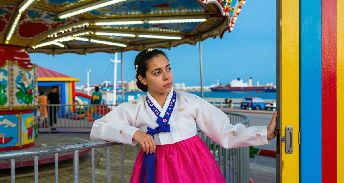 A disinterested Female From Israel, based in Tel Aviv, graduated from an arts program majoring in sensual character creation in their 25, accepting that growth is slower than motivational quotes claim, wearing a traditional hanbok modified for a modern look, pulling a door open in a carnival with rides.