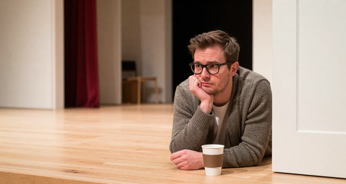 A thoughtful male From Sweden, trained in interior architecture in their 23, regretting creative decisions but needing to post anyway, wearing a librarian outfit with glasses and a tight cardigan, holding a cup of coffee in a theater stage.