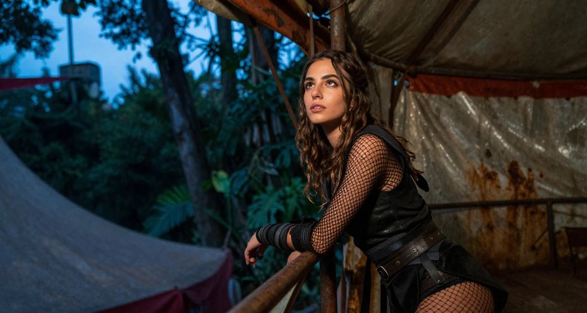 A dreamy Female From Turkey, based in Izmir, graduated from a communication faculty majoring in brand strategy in their 25, exploring lifestyle options and boundaries, wearing a ninja kunoichi outfit with fishnet details, grabbing a railing for support in a circus tent interior.