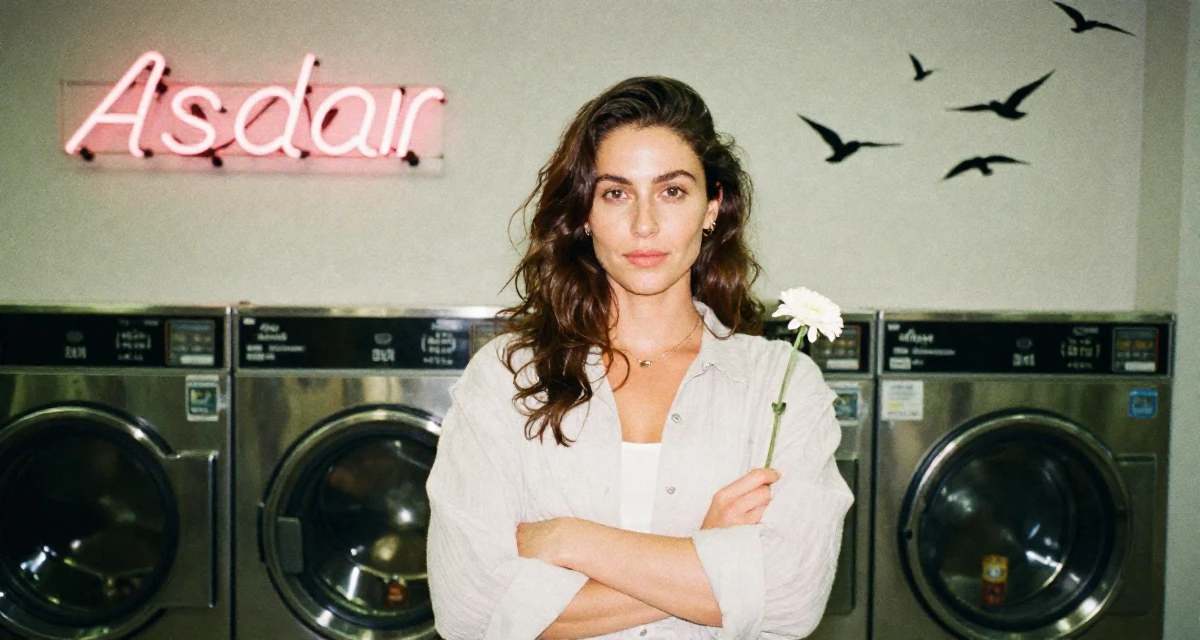 A proud Female From Aarhus Denmark, trained in fitness coaching and body alignment in their 25, vibrating with creative potential, wearing a light and airy spring attire, holding a flower in a laundromat with neon signs.
