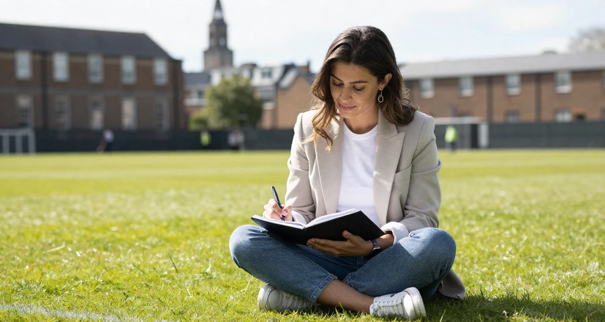 A sophisticated Female From Manchester United Kingdom, studied sports science in their 25, building a loyal fanbase with tasteful flirty storytelling, wearing a smart casual blazer ensemble, writing in a notebook in a grassy field.