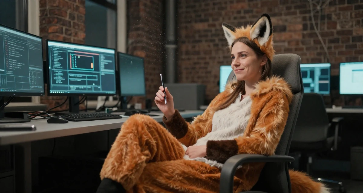 A quietly happy Female From Rotterdam Netherlands, majored in logistics management in their 25, developing early financial habits, wearing a fox spirit (kitsune) outfit with fluffy ears and tails, holding a pen in a cybernetic computer lab.
