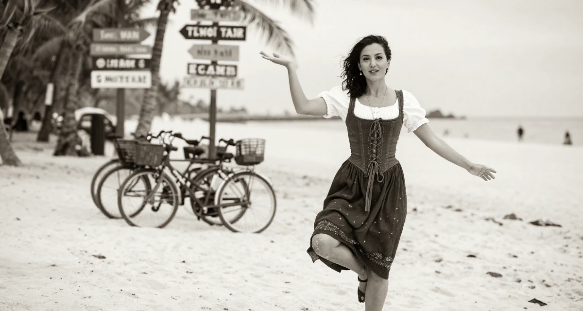 A playful Female Once a real-estate assistant, now a full-time self-portrait artist in their 30, radiating an aura of elegance and poise, wearing a peasant girl corset dress with a white blouse, waiting for a taxi in a tropical white sand beach.