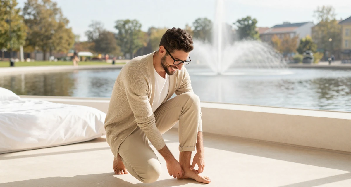 A happy male From Aarhus Denmark, trained in fitness coaching and body alignment in their 22, building fans who appreciate charm over shock, wearing a librarian outfit with glasses and a tight cardigan, tapping a foot rhythmically in a minimalist bedroom.