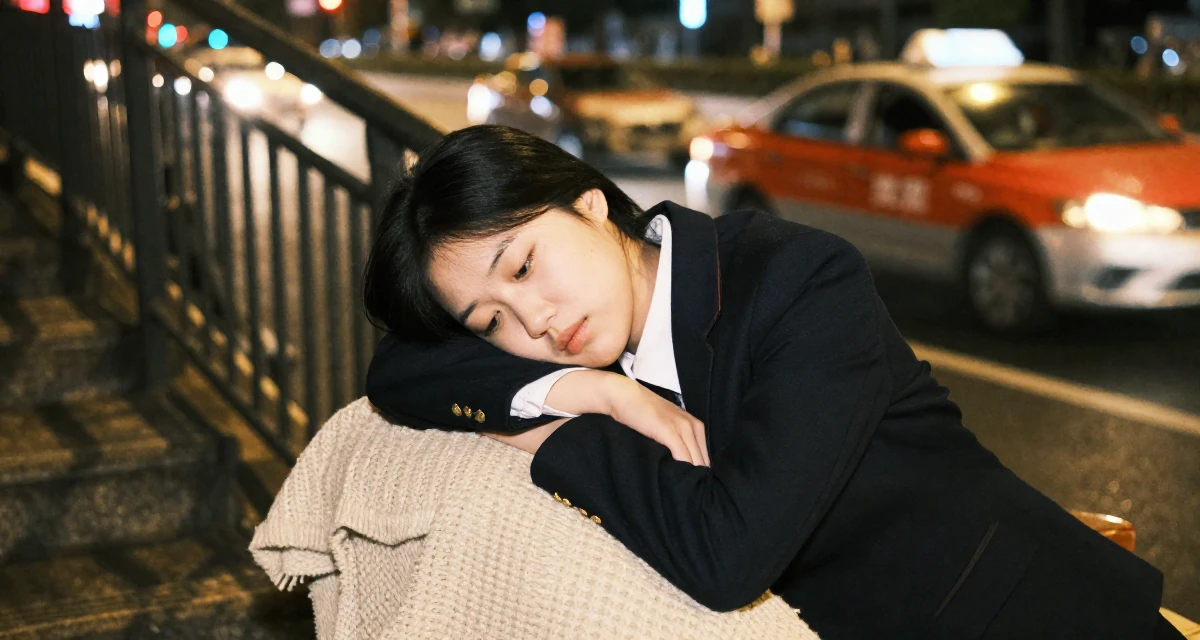 A indifferent Female From Shenzhen China, graduated in computer science in their 27, feeling stuck between passion and survival, wearing a school council president uniform with a blazer, stifling a yawn in a winding staircase.