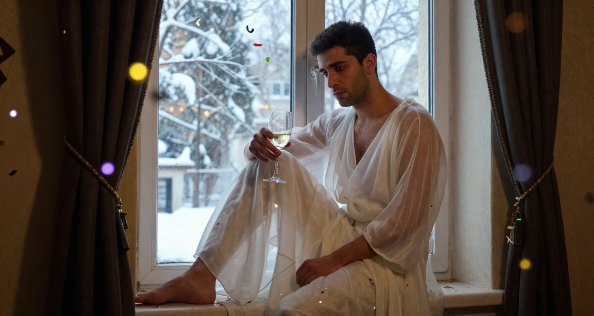 A gently serious male Born in Iran, majored in multimedia communication in their 20, dealing with the first major heartbreak, wearing a ethereal spirit dress made of flowing sheer chiffon, holding a wine glass by the stem in a dungeon cell.