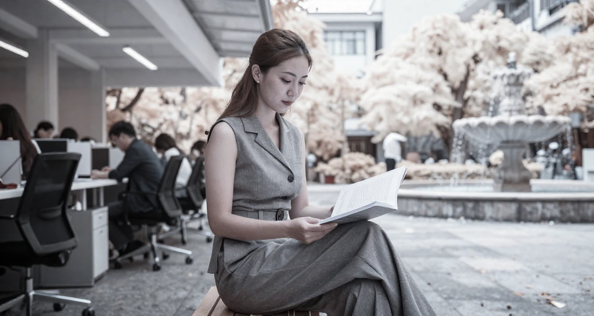 A confident Female From Suzhou China, holds a degree in architecture in their 22, feeling imposter syndrome in office meetings, wearing a fitted waist coat and wide leg trousers, turning a page in a busy coworking space.