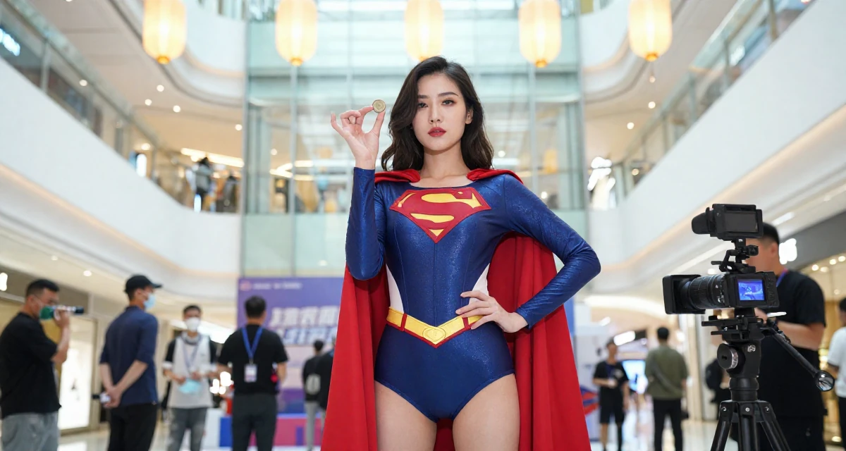 A seductive Female From Nanjing China, picked up videography working backstage at events in their 31, re-evaluating long-term career goals, wearing a superheroine spandex suit with a cape, flipping a coin in a shopping mall atrium.
