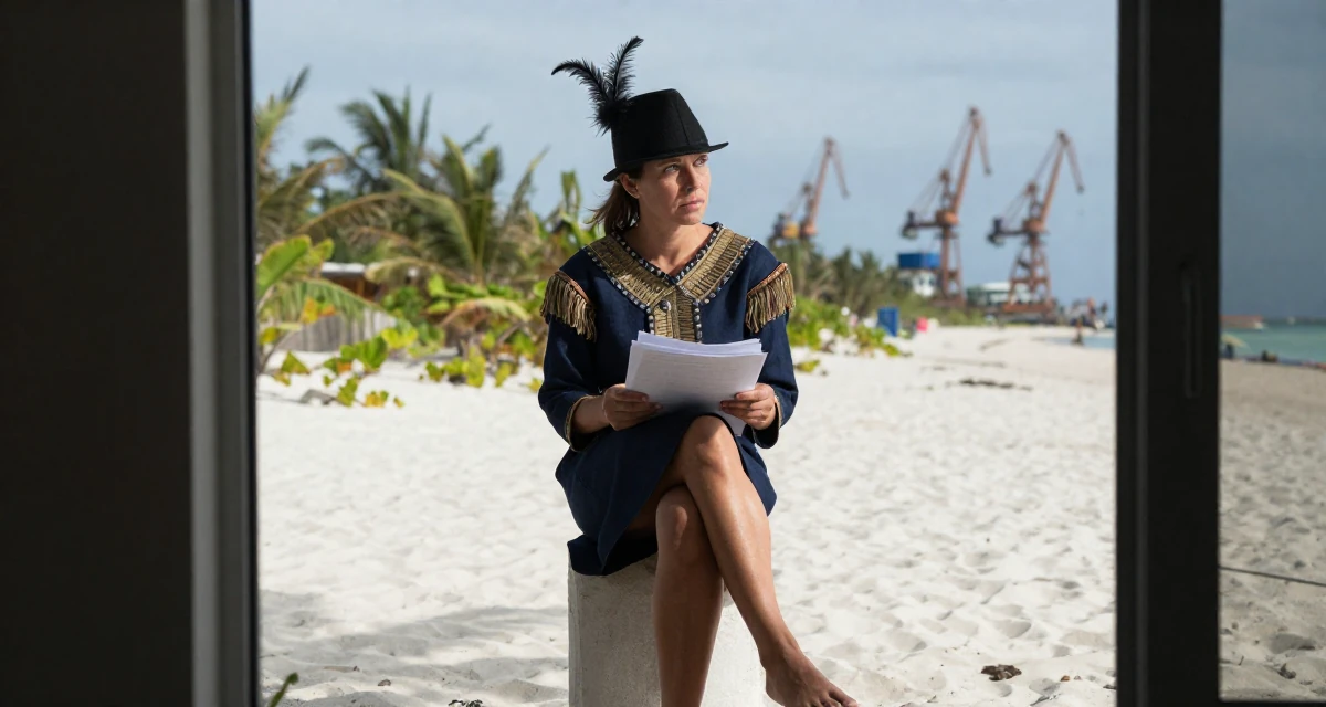 A curious and focused Female From Russia, holds a degree in graphic design in their 37, establishing authority in a niche market, wearing a royal musketeer tunic with a feathered hat, carrying a stack of documents in a tropical white sand beach.