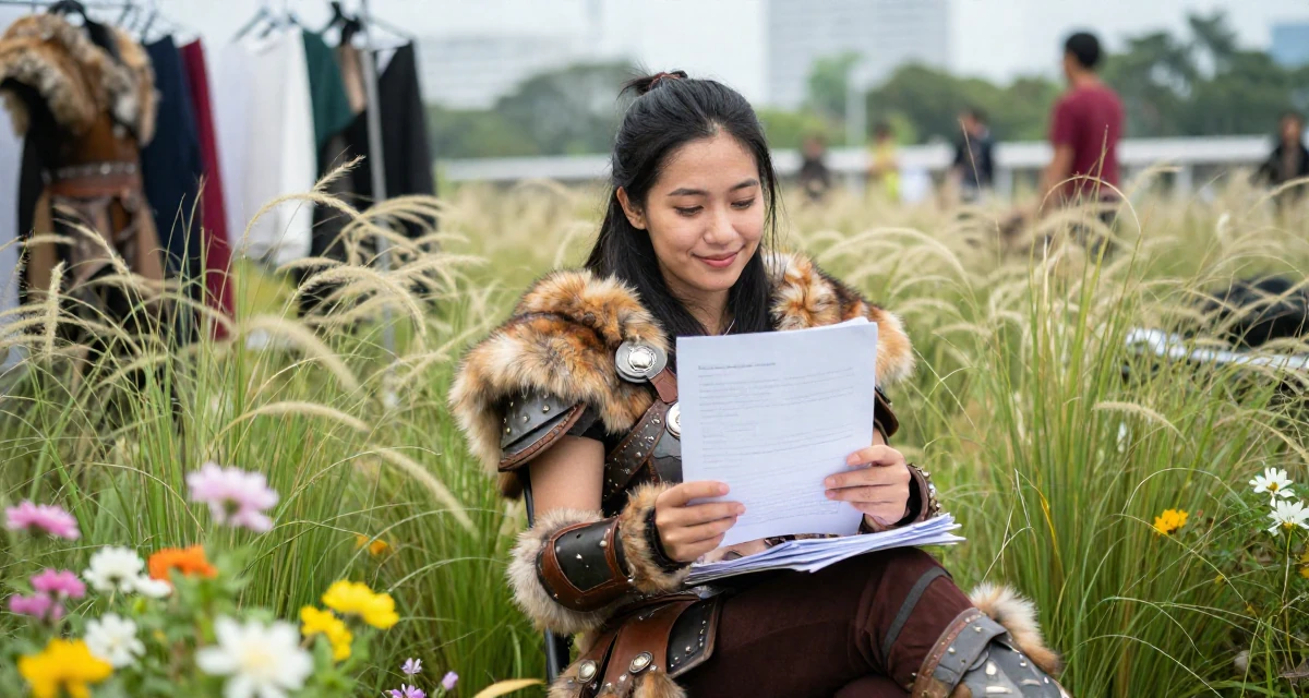 A smiling gently Female From Indonesia, majored in visual communication in their 24, learning how to set boundaries in private messages, wearing a viking shield-maiden outfit with fur and leather, carrying a stack of documents in a backstage dressing room.