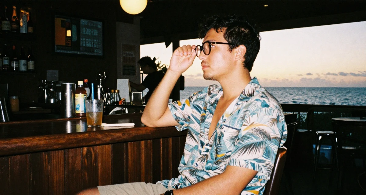A engrossed male Once a barista, now a full-time creator leaning into aesthetic storytelling in their 22, building early digital portfolios, wearing a relaxed vacation shirt, pushing glasses up the nose in a dimly lit jazz bar.
