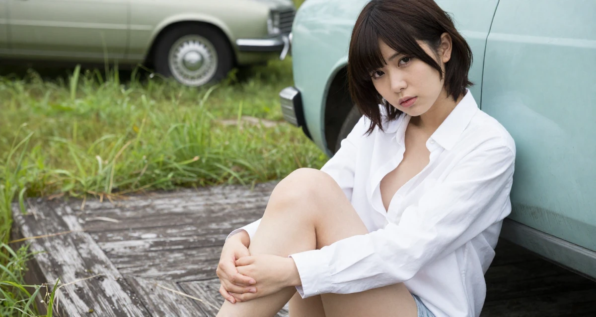 A nostalgic Female From Osaka Japan, holds a degree in animation design in their 22, experimenting with cosplay or themed shoots, wearing a white shirt unbuttoned to the chest, crossing legs in a grassy field.