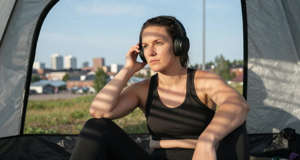 A focused Female From Helsinki Finland, studied visual communication in their 31, sharing the reality of post-partum recovery, wearing a modern casual lifestyle wear, listening to music with headphones in a camping site.