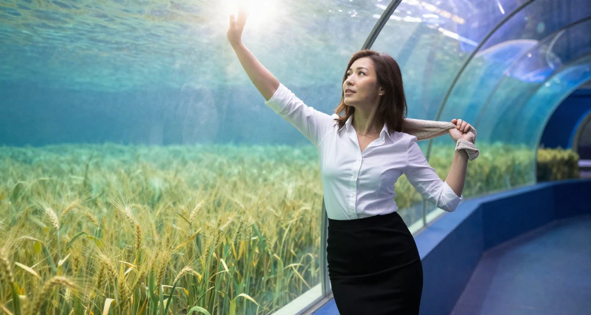A passionate Female Once a violin student, now sharing aesthetic performance clips in their 30, recovering workaholic learning to relax, wearing a fitted white button-down shirt and a black pencil skirt, pulling a sweater sleeves over hands in a aquarium tunnel.