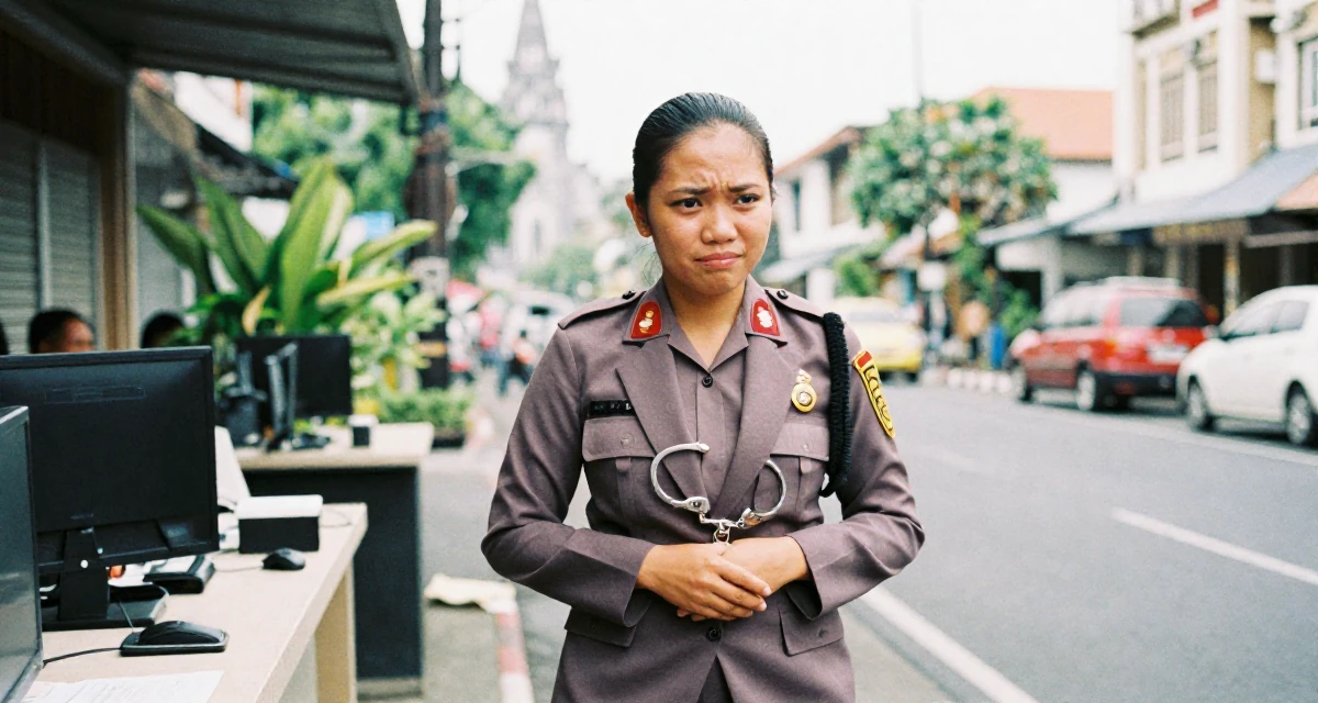 A satisfied Female From Indonesia, based in Bali, graduated from an arts institute majoring in expressive digital portraits in their 22, wearing an ill-fitting blazer and looking nervous, wearing a police officer uniform with a badge and handcuffs, clasping hands together in a urban street.