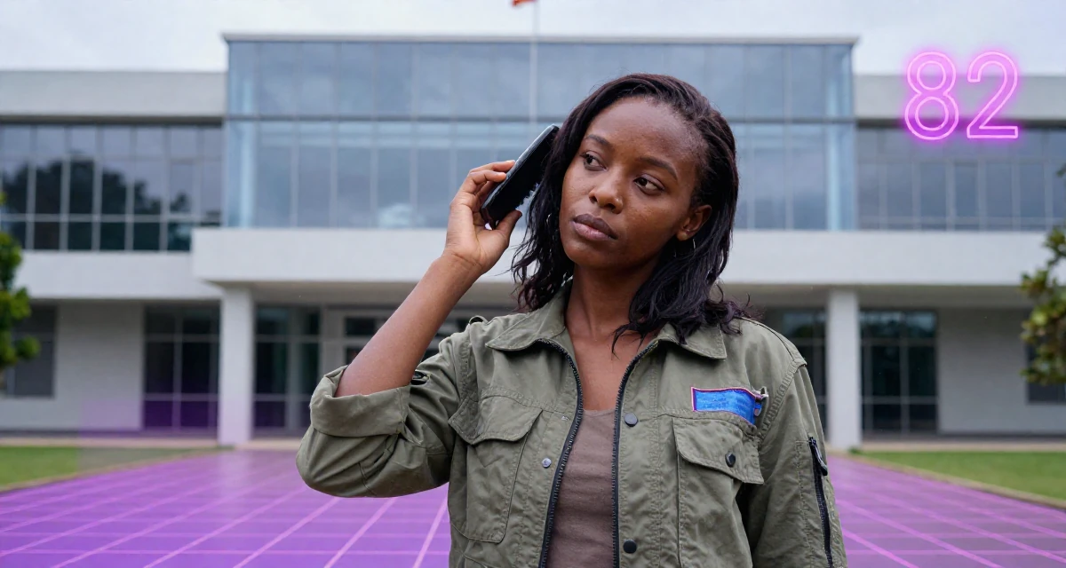 A cold and distant Female From Tanzania, studied wildlife conservation in their 32, advocating for work-life boundaries, wearing a modern utilitarian outfit, brushing hair away from the face in a university campus.