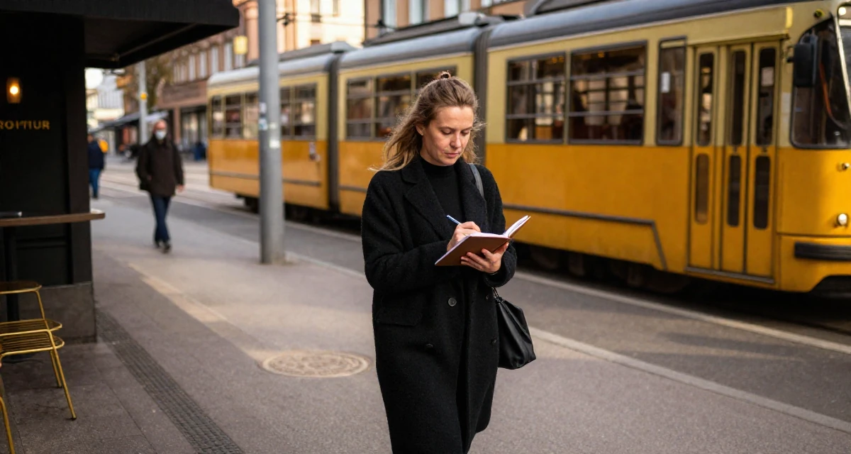 A zen-like Female From Sweden, based in Malmö, graduated from a media school majoring in expressive content aesthetics in their 60, rediscovering passions, wearing a urban minimalist silhouette, writing in a notebook in a cinema lobby.
