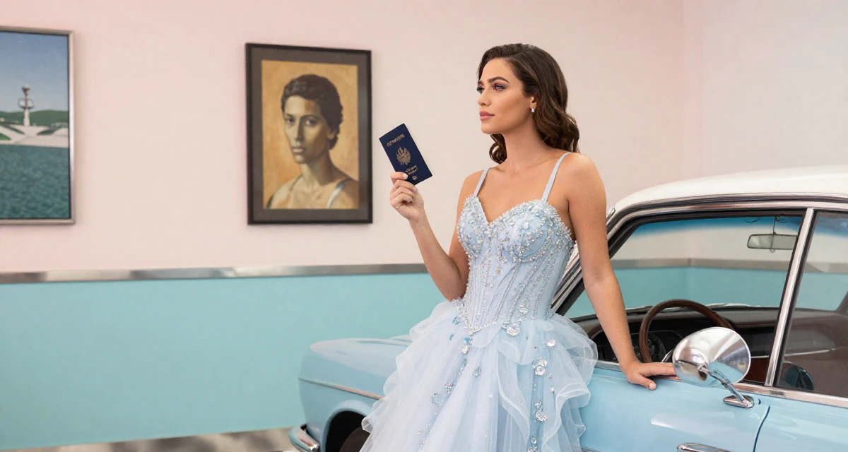 A cool and collected Female From Rio de Janeiro Brazil, majored in public relations in their 25, figuring out boundaries while trying small photo sets, wearing a snow queen gown with ice crystal details, holding a passport in a retro 50s diner.