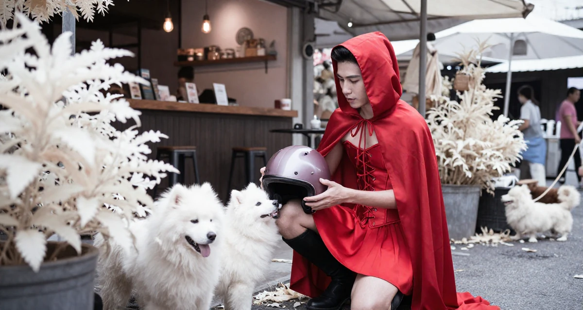 A composed male From Thailand, majored in entertainment business in their 34, taking care of pets and household, wearing a red riding hood inspired cape and corset dress, holding a helmet in a bustling market.