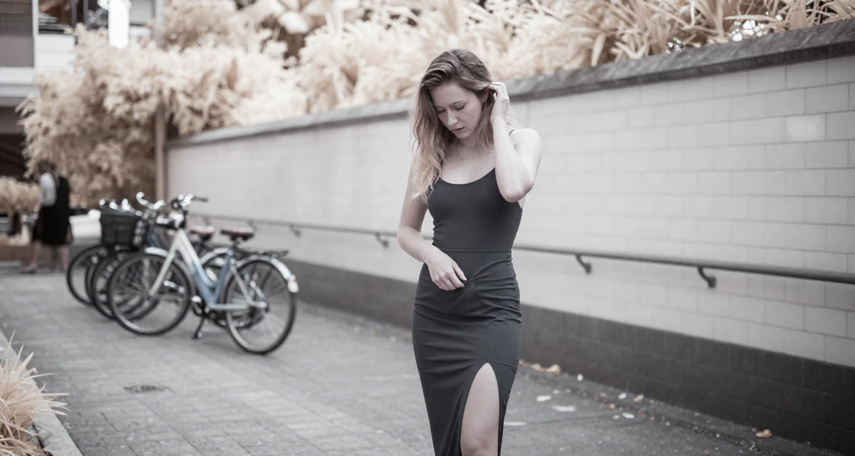 A introspective Female Once a swimwear shop clerk, now modeling her own collections in their 20, stressing over finals and future uncertainty, wearing a long pencil skirt with a high side slit, reaching for a pocket in a winding staircase.