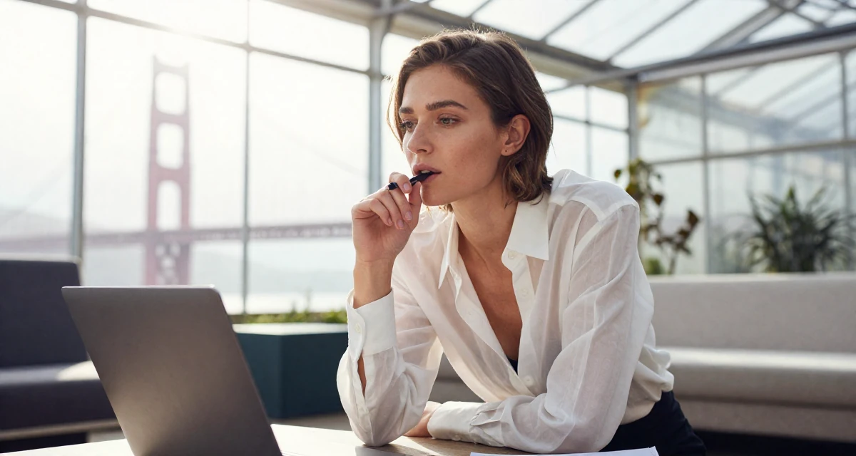A reflective Female From Copenhagen Denmark, majored in architecture in their 24, investing in quality furniture and lifestyle, wearing a translucent white blouse and a dark bra underneath, chewing on a pen thoughtlessly in a greenhouse interior.