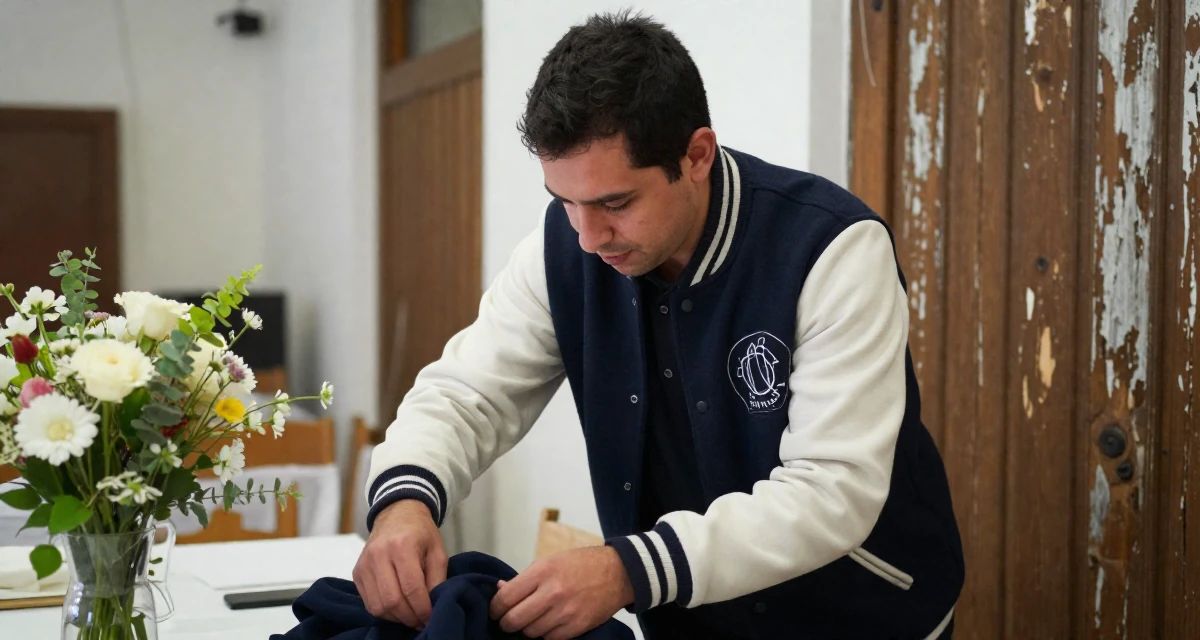A shy male From Córdoba Argentina, studied biomedical engineering in their 39, building a brand around authentic storytelling, wearing a casual varsity jacket look, smoothing out clothes in a banquet hall.