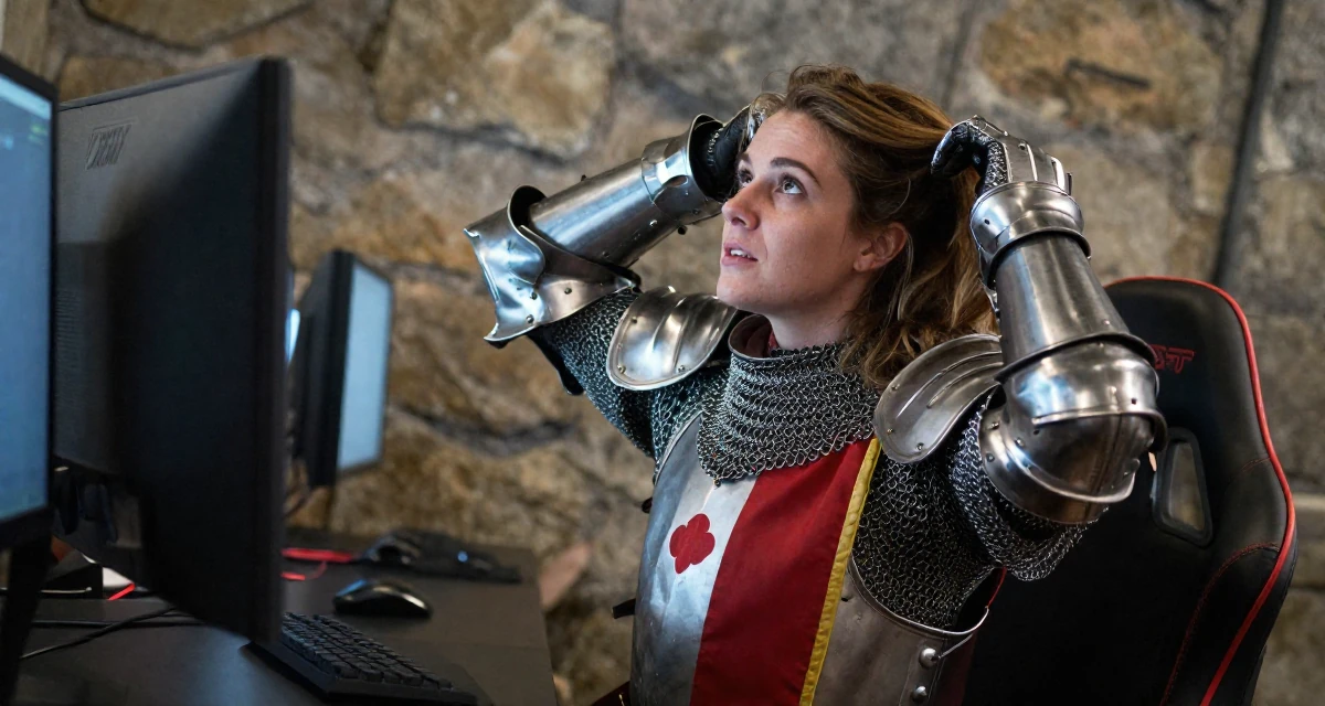 A focused Female From USA, studied psychology and human behavior in their 25, learning to batch-shoot to save time, wearing a female knight armor with a tabard and chainmail, looking up at the sky in a gaming room.