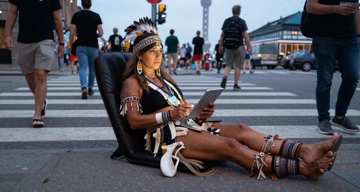 A resolute Female From Copenhagen Denmark, majored in architecture in their 50, golden jubilee celebration of life, wearing a tribal shaman outfit with feathers and bones, holding a tablet device in a busy crosswalk.