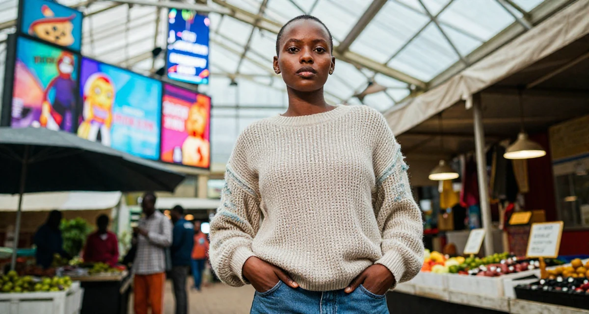 A resolute Female From Kenya, based in Nairobi, graduated from a creative institute majoring in aesthetic communication in their 25, accepting that growth is slower than motivational quotes claim, wearing a loose open-knit sweater showing skin underneath, sliding a hand into a pocket in a greenhouse interior.