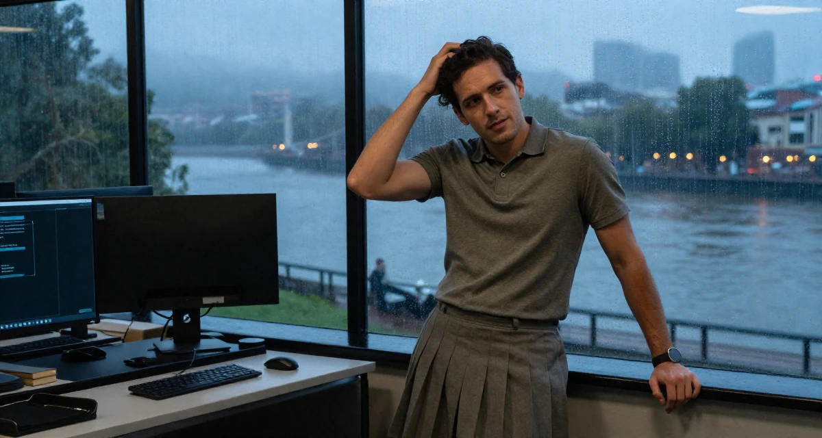 A quietly confident male From Colombia, based in Medellín, graduated from a communication school majoring in brand communication in their 29, seeking mentorship and higher guidance, wearing a short pleated skirt and a tight polo shirt, leaning on a railing in a cybernetic computer lab.