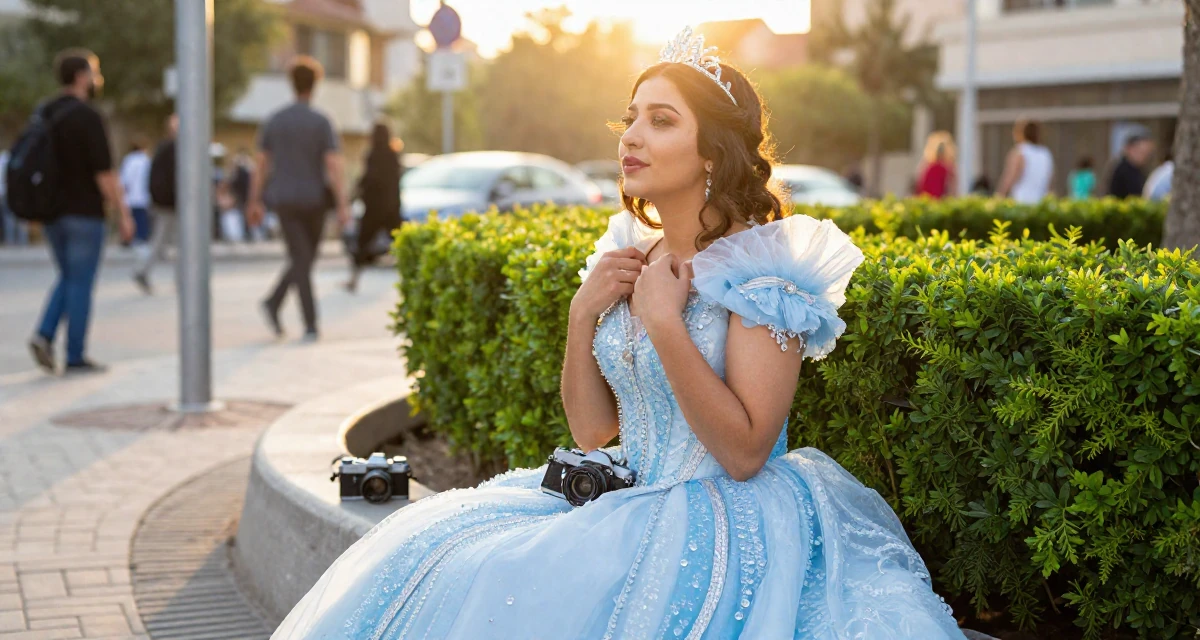 A empowered Female From Arabic-speaking world, majored in health administration in their 25, exploring personal identity for the first time, wearing a snow queen gown with ice crystal details, fixing a collar in a busy intersection.