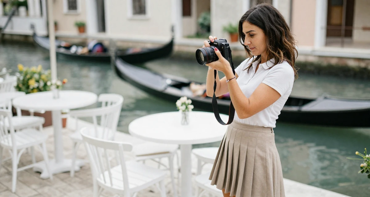A sentimental Female Once a bookstore clerk, now offering cozy aesthetic subscription content in their 35, celebrating a major career milestone, wearing a short pleated skirt and a tight polo shirt, holding a camera ready to shoot in a wedding venue.
