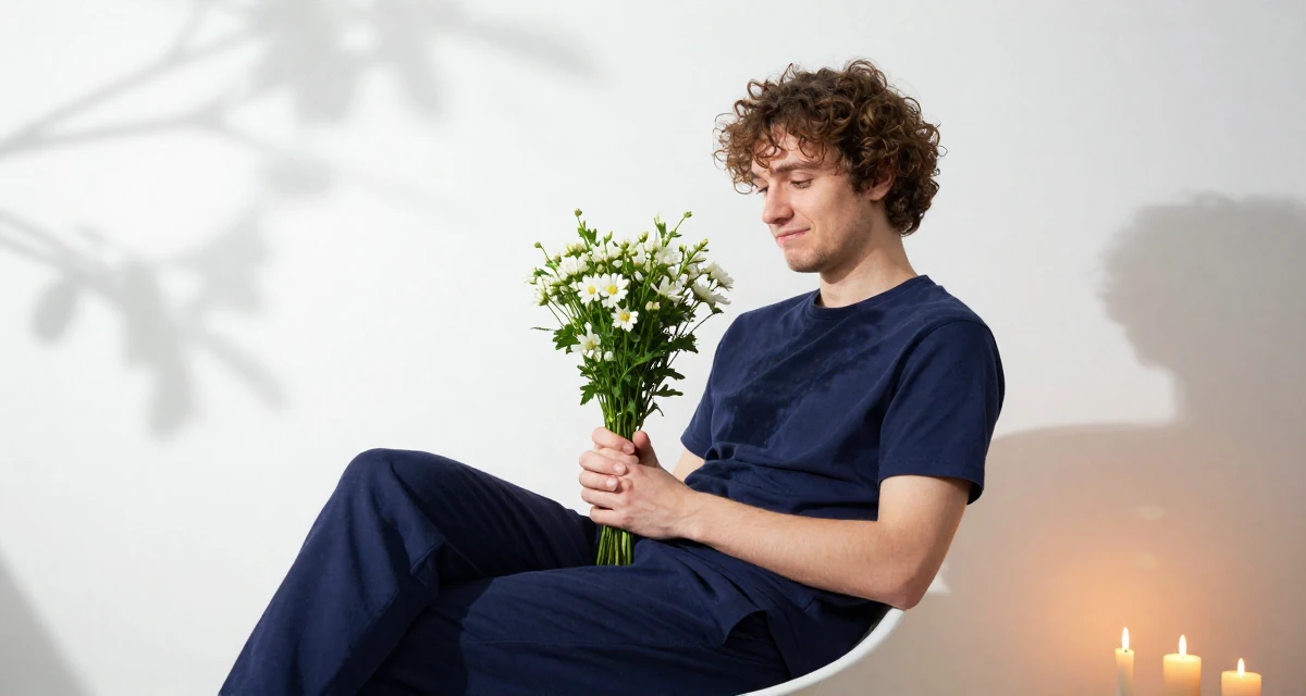 A lighthearted male From Warsaw Poland, studied social psychology in their 36, sharing tips for organizing a chaotic home, wearing a classic navy blue ensemble, holding a bouquet in a spaceship corridor.