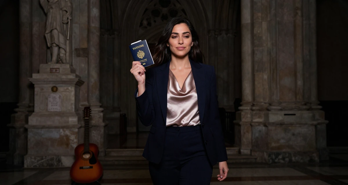 A lighthearted Female From Dubai UAE, majored in marketing in their 38, investing in real estate and passive income, wearing a satin cowl neck top under a business suit, holding a passport in a gothic cathedral interior.