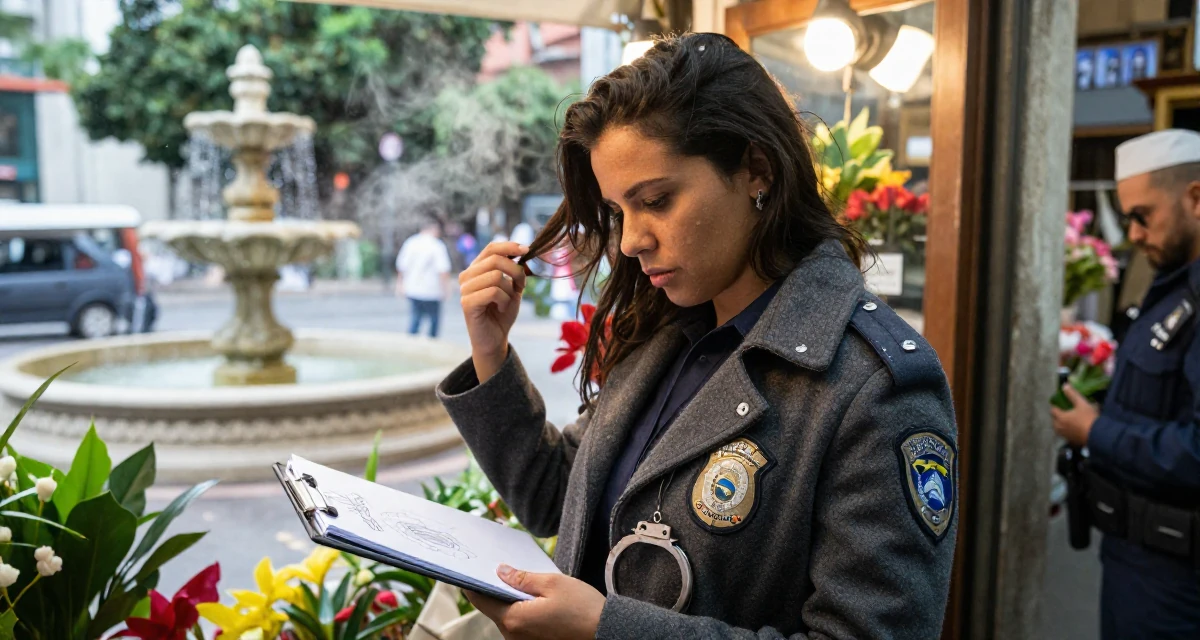 A engrossed Female From Rio de Janeiro Brazil, majored in public relations in their 25, wearing a tailored coat and looking sharp, wearing a police officer uniform with a badge and handcuffs, sketching on a pad in a flower shop entrance.