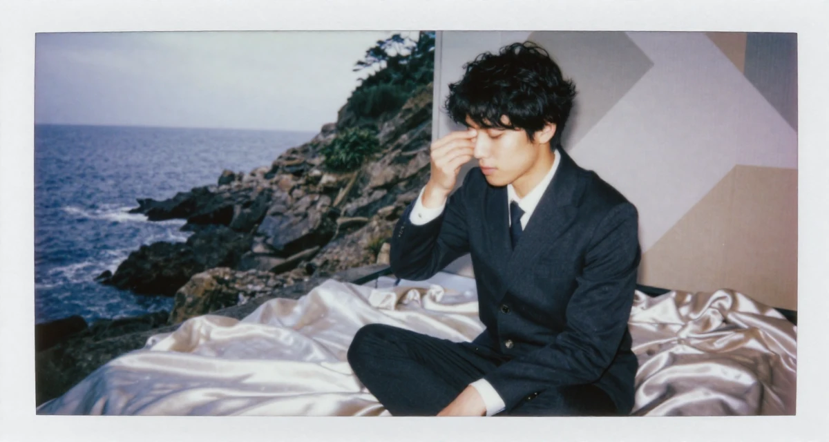 A peaceful male From Japan, studied early childhood education in their 21, focused intensely on fitness and glow-up culture, wearing a dark academia inspired outfit, rubbing eyes in a rocky ocean cliff.